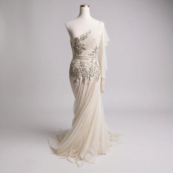 Galina Signature One-Shoulder Champagne Wedding Gown/ Dress - Size 6 - Picture 7 of 8